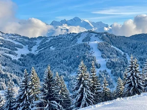 3-1-25, Les Gets bowl and La Turche, with Mont Blanc behind.